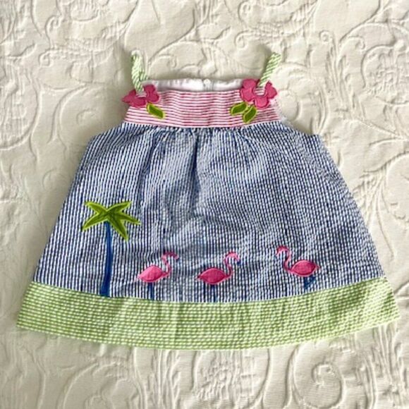 Florence Eiseman Pink Blue Green Seersucker Flamingo Jumper Dress Size 18M - Picture 1 of 3